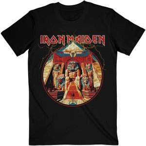 Iron Maiden Unisex T-Shirt: Powerslave Lightning Circle (Black) (Large)