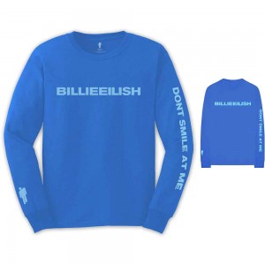 Billie Eilish Unisex Long Sleeve T-Shirt: Smile (Mid Blue) (Back & Sleeve Print) (X-Large)
