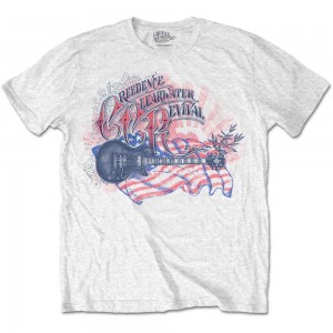 Creedence Clearwater Revival Unisex T-Shirt: Guitar & Flag (White) (Medium)