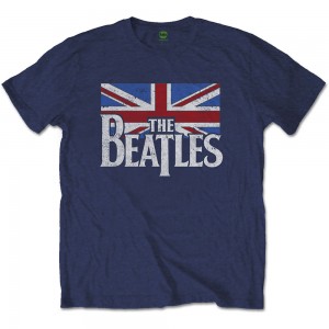 The Beatles Unisex T-Shirt: Drop T Logo & Vintage Flag (Navy Blue) (Large)