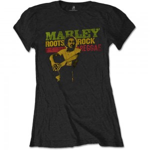 Bob Marley Ladies T-Shirt: Roots, Rock, Reggae (Black) (Large)