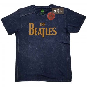 The Beatles Unisex T-Shirt: Drop T Logo Snow Wash (Navy Blue) (Wash Collection) (Large)