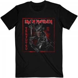Iron Maiden Unisex T-Shirt: Senjutsu Cover Distressed Red (Black) (Medium)