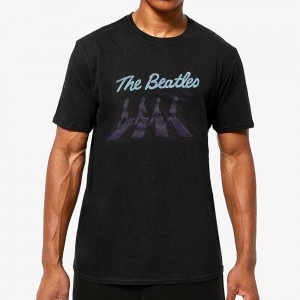 The Beatles Unisex T-Shirt: Crossing Silhouettes (Black) (Puff Print) (Small)
