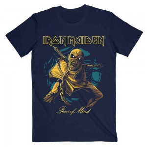 Iron Maiden Unisex T-Shirt: Piece of Mind Gold Eddie (Navy Blue) (X-Large)