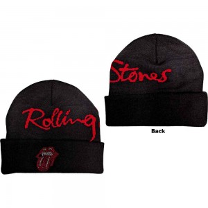 The Rolling Stones Unisex Beanie Hat: Embellished Classic Tongue (Black) (Back Print)