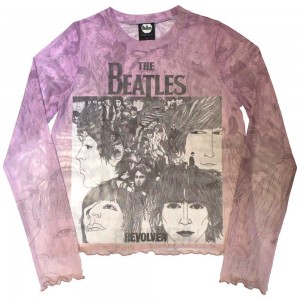 The Beatles Ladies Long Sleeve Crop Top: Revolver (Pink) (Mesh) (X-Large)