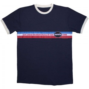 Oasis Unisex Ringer T-Shirt: 1996 Tour Horizontal Stripes (Navy Blue) (Large)