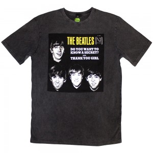 The Beatles Unisex Stone Wash T-Shirt: VJ Secret Sleeve (Charcoal Grey) (Large)
