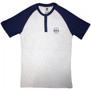The Beatles Unisex Raglan T-Shirt: Mini Drum Logo (Grey & Navy Blue) (3 Button Collar) (Large)