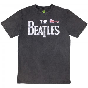The Beatles Unisex Stone Wash T-Shirt: Guitar & Drop T (Charcoal Grey) (Large)