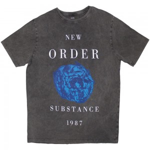 New Order Unisex Stone Wash T-Shirt: Substance 1987 (Charcoal Grey) (Large)