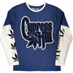 Cypress Hill Unisex Layered Long Sleeve T-Shirt: Leaf & Logo (Denim Blue & White) (Sleeve Print) (Large)