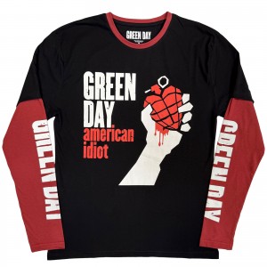 Green Day Unisex Layered Long Sleeve T-Shirt: American Idiot (Black & Red) (Sleeve Print) (Large)