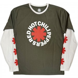 Red Hot Chili Peppers Unisex Layered Long Sleeve T-Shirt: Classic Asterisk (Green & White) (Sleeve Print) (Medium)
