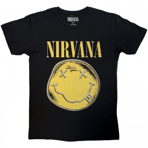 Nirvana Unisex Carbon T-Shirt: Happy Face Infill Distressed (Black) (X-Large)