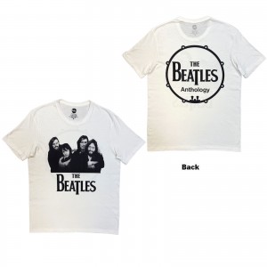 The Beatles Unisex T-Shirt: Group Photo Anthology Drum (White) (Back Print) (X-Large)
