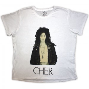 Cher Ladies T-Shirt: Leather Jacket (White) (Large)