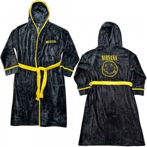 Nirvana Unisex Bathrobe: Yellow Happy Face (Black) (Back Print) (Small - Medium)