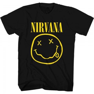 Nirvana Unisex T-Shirt: Yellow Happy Face (Black) (Small)