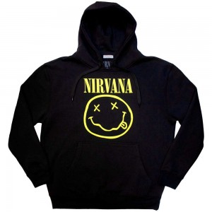 Nirvana Unisex Pullover Hoodie: Yellow Happy Face (Black) (Large)