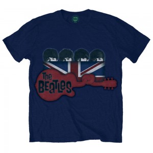 The Beatles Unisex T-Shirt: Guitar & Flag (Navy Blue) (Medium)