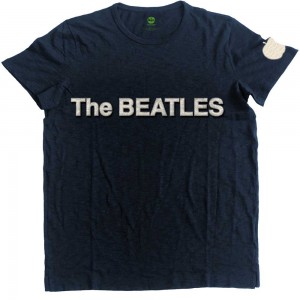 The Beatles Unisex T-Shirt: Logo & Apple App Slub (Navy Blue) (Applique) (Medium)