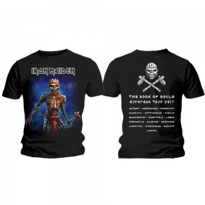 Iron Maiden Unisex T-Shirt: Axe Eddie Book of Souls European Tour V.2 (Black) (Back Print) (Small)