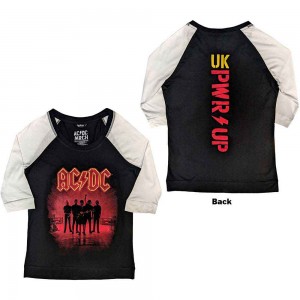 AC/DC Ladies Raglan T-Shirt: PWR-UP UK (Black & White) (Back Print) (XXX-Large)