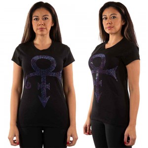 Prince Ladies T-Shirt: Purple Symbol (Black) (Embellished) (Small)