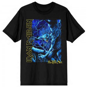 Iron Maiden Unisex T-Shirt: Fear of the Dark Blue Tone Eddie Vertical Logo (Black) (Small)