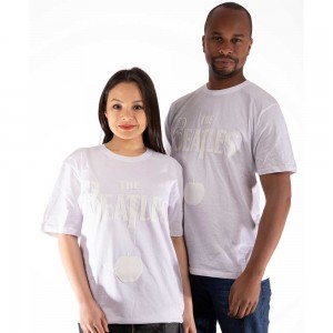 The Beatles Unisex T-Shirt: Drop T Logo & Apple White-on-White (White) (Hi-Build White-On-White) (Large)
