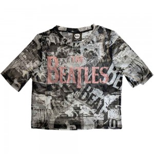 The Beatles Ladies Crop Top: All-Over-Print & Drop T Logo (White) (Mesh) (X-Small)
