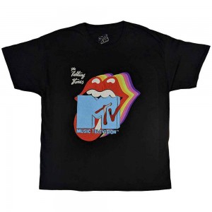 MTV Unisex T-Shirt: Rolling Stones Rainbow Shadow Tongue (Black) (Large)