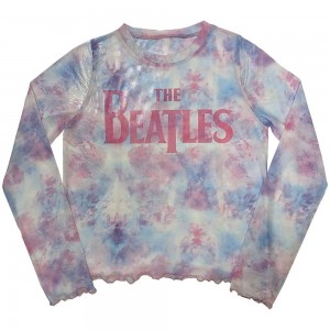 The Beatles Ladies Long Sleeve Crop Top: Drop T Logo (White) (Mesh) (Large)