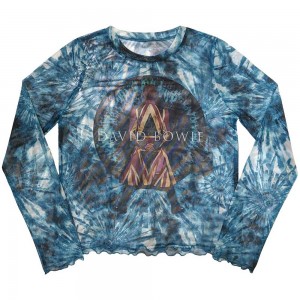 David Bowie Ladies Long Sleeve Crop Top: Live & Well (Blue) (Mesh) (Medium)