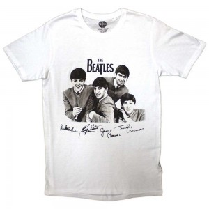 The Beatles Unisex T-Shirt: Mop Tops & Signatures (White) (Medium)