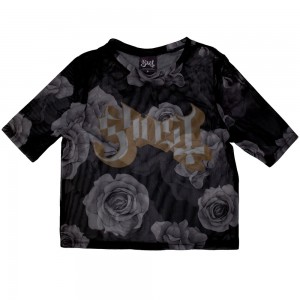 Ghost Ladies Crop Top: Logo & Roses (Black) (Mesh) (XX-Small)