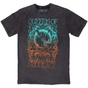 Queens Of The Stone Age Unisex Stone Wash T-Shirt: Montage (Charcoal Grey) (Large)