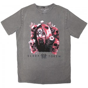 Sleep Token Unisex Stone Wash T-Shirt: Skulls & Flowers (Grey) (Large)