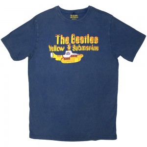 The Beatles Unisex Stone Wash T-Shirt: Logo & Sub (Denim Blue) (Small)