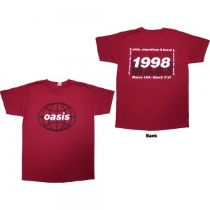 Oasis Unisex T-Shirt: 1998 World Tour - South America (Red) (Back Print) (Small)