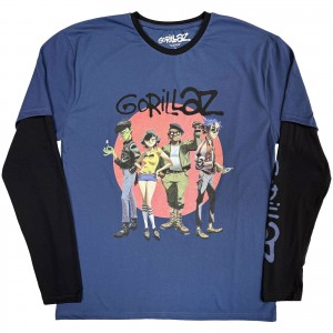 Gorillaz Unisex Layered Long Sleeve T-Shirt: Group Circle Rise (Denim Blue & Black) (Sleeve Print) (XX-Large)