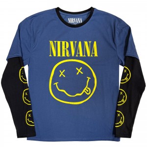 Nirvana Unisex Layered Long Sleeve T-Shirt: Yellow Happy Face (Denim Blue & Black) (Sleeve Print) (X-Large)