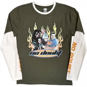 No Doubt Unisex Layered Long Sleeve T-Shirt: Flames (Green & White) (Sleeve Print) (Large)