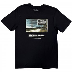 Stranger Things Unisex T-Shirt: Hawkins Indiana (Black) (Large)