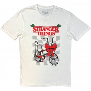 Stranger Things Unisex T-Shirt: Christmas Bike (White) (Large)