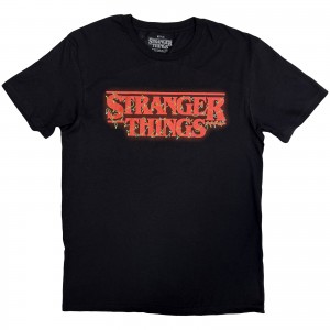 Stranger Things Unisex T-Shirt: Logo With Christmas Lights (Black) (XX-Large)