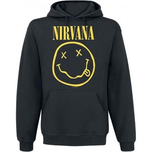 Nirvana Unisex Pullover Hoodie: Yellow Happy Face (Black) (X-Large)
