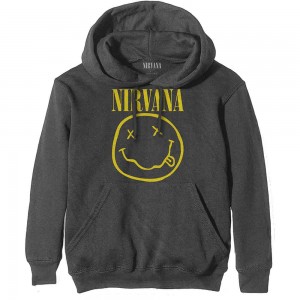 Nirvana Unisex Pullover Hoodie: Yellow Happy Face (Charcoal Grey) (X-Large)